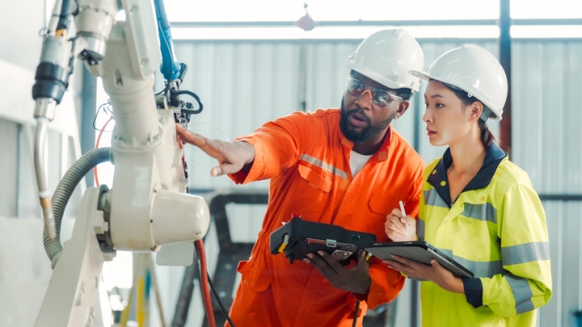 An instructor in a hard hat instructs a student in a hard hat, pointing to a machine.